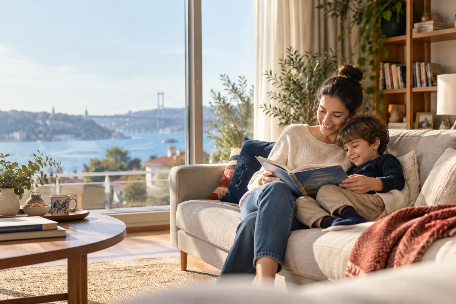 Deniz manzaralı salonda çocuğuyla kitap okuyan bir anne