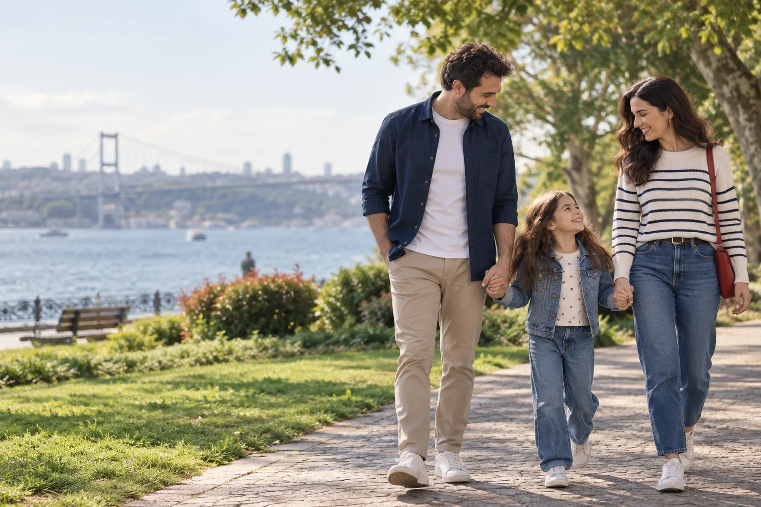 Sahil parkında yürüyüş yapan mutlu bir aile